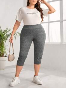 SHEIN CURVE+ Plus Size Grey Knit Ruched Design Detail Sports Leggings - Dark Grey - View 3