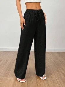 SHEIN PETITE Solid Drawstring Waist Wide Leg Pants - Black - View 6
