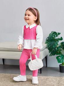 SHEIN Baby Girl Urocza dzianina 2 w 1 w kolorze ze szwem Wywijany kołnierzyk z długim rękawem Top i spodnie z elastyczną talią, na co dzień - Wyrazisty róż - Zobacz 8