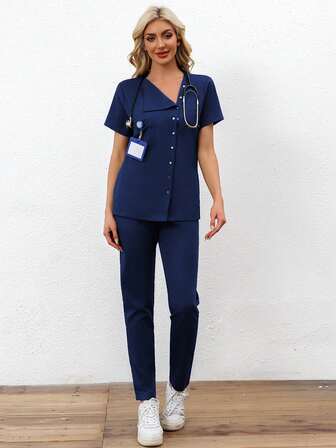 Solid Button Front Top & Pants Scrub Uniform Set
