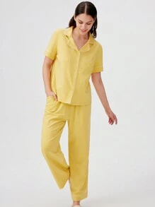 LUVLETTE Conjunto de pijama largo básico de mujer dama de honor de algodón suave y modal color amarillo jengibre. Juegos de salón para mujer con pantalones con bolsillos