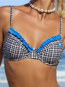 SHEIN Swim Ladies' Summer Beach Plaid Ruffle Edge Sexy Bikini Set (With Underwire) - Multicolor - View 3