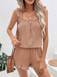 Breezaya Bộ áo vest và quần short viền bèo màu trơn dành cho kỳ nghỉ và giải trí - Bụi hồng - Xem 5