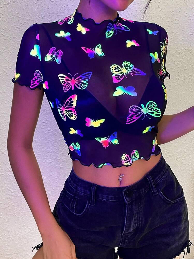 SHEIN Essnce Top en maille fluorescent à imprimé papillon pour femme, idéal pour les festivals de musique casual. Hauts graphiques d'été pour femmes, crop tops, Top noir, tenues de festival rave, tenues de fierté - Noir - Voir 4