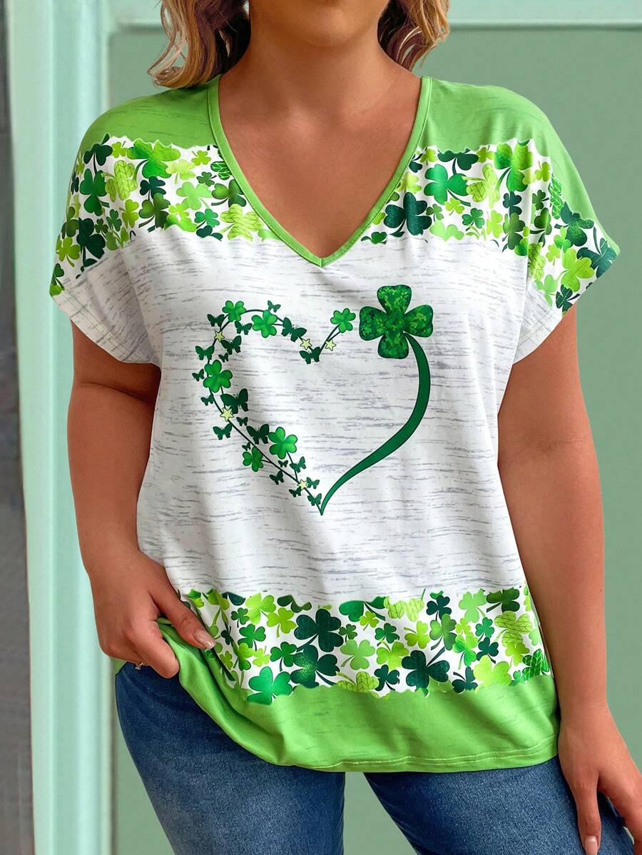 EMERY ROSE Plus Size Women's Clover Pattern Short Sleeve T-Shirt - Green - View 1