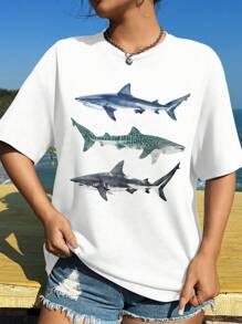 SHEIN EZwear Oversized Casual Minimalist Fish Graphic Round Neck Short Sleeve T-Shirt For Women, Loose Fit Summer Tee - White - View 4