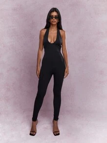 MISSGUIDED 深V領口露背圓領無袖緊身連體褲 - 黑色 - 查看 1