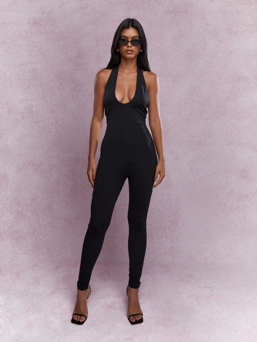 MISSGUIDED 深V領口露背圓領無袖緊身連體褲 - 黑色 - 查看 1