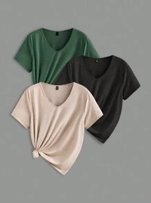 SHEIN LUNE Set de 3 camisetas de manga corta de mujer informales de talla grande con cuello en V y sueltas, para verano