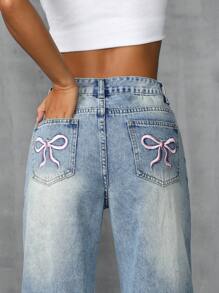 SHEIN ICON 女式寬腿刺繡牛仔褲，帶蝴蝶結設計，石染效果 - 中等水洗藍 - 查看 2