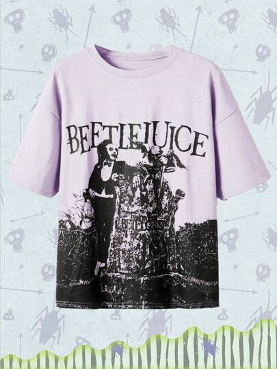 Beetlejuice | ROMWE Casual Loose Fit Oversized T-Shirt With People And Letter Print, Summer, School