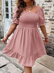 SHEIN LUNE Vestido veraniego de manga corta holgado de talla grande con mangas abullonadas y unicolor - Rosa - Ver 4