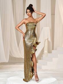 Faeriesty Sequin Ruffle Trim Split Thigh Tube Party Dress