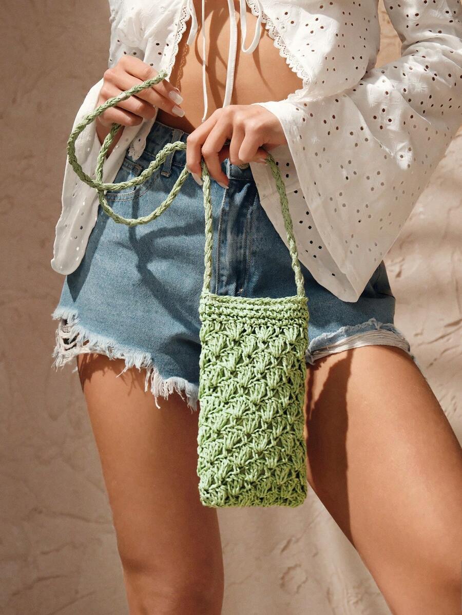 SHEIN VCAY Women's Solid Color Woven Crossbody Bag - Green - View 1