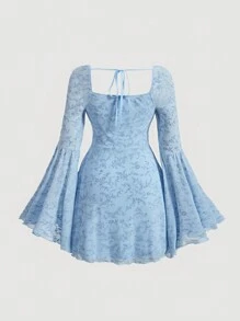 SHEIN MOD 大尺碼花印後綁蝴蝶結鈴蕾袖長袖短裙 - 淺藍色 - 查看 2