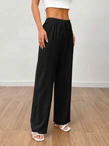 SHEIN PETITE Solid Drawstring Waist Wide Leg Pants - Black - View 7