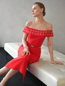 MOTF PREMIUM RHINESTONE FOLDOVER OFF SHOULDER BODYCON DRESS