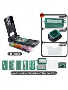 1 Set Of 16-Piece Kitchen Vegetable Cutter Slicer, Black, Individually Packaged, Size: 31 * 12.5 * 13, Suitable For Kitchen Fruit And Vegetable Slicing, Dicing, Shredding And Dicing. Press Type. No Need For Power To Manually Press, Fruit Salad Ingredients. Material. 16-Piece Set. With Egg White Filter, Kitchen Good Helper To Cut Vegetables Quickly. Mother's Day Gifts, Kitchen Tools. Vegetable Masher. Slicer. With Drain Basket. Vegetable Storage Box,Vegetable Fruit Tools,Kitchen Items,Cutter,Food,Salad,Decor,Storage,Party,Birthday. - Black - View 6