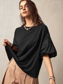 Bohemela 假期寬鬆燈籠袖女裝黑色T恤 - 黑色 - 查看 8