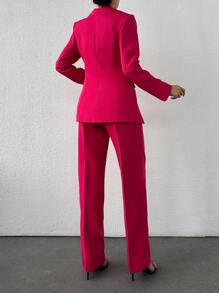 EURMUSE 單寧領單釦西裝外套和直筒西裝褲套裝 - 藕粉色 - 查看 2