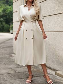 Chiquease 翻领、落肩袖、收腰商务休闲连衣裙，适合高个子女性，夏季长款女装 - 杏色 - 查看 4