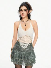 ROMWE Fairycore Asymmetrisch geschnittenes Trägershirt mit rückenfreiem Ausschnitt und Muschel-Dekor, Urlaubsstil