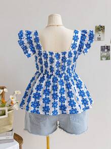Soleia Áo cổ bèo thêu hoa cổ điển dành cho phụ nữ cỡ lớn, áo đi nghỉ mát & thường ngày mùa hè - Xanh và trắng - Xem 2