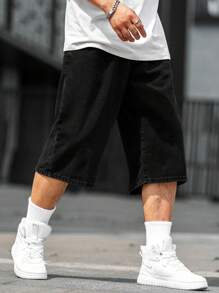 Manfinity Homme Men's Summer Casual Solid Color Denim Shorts - Black - View 3