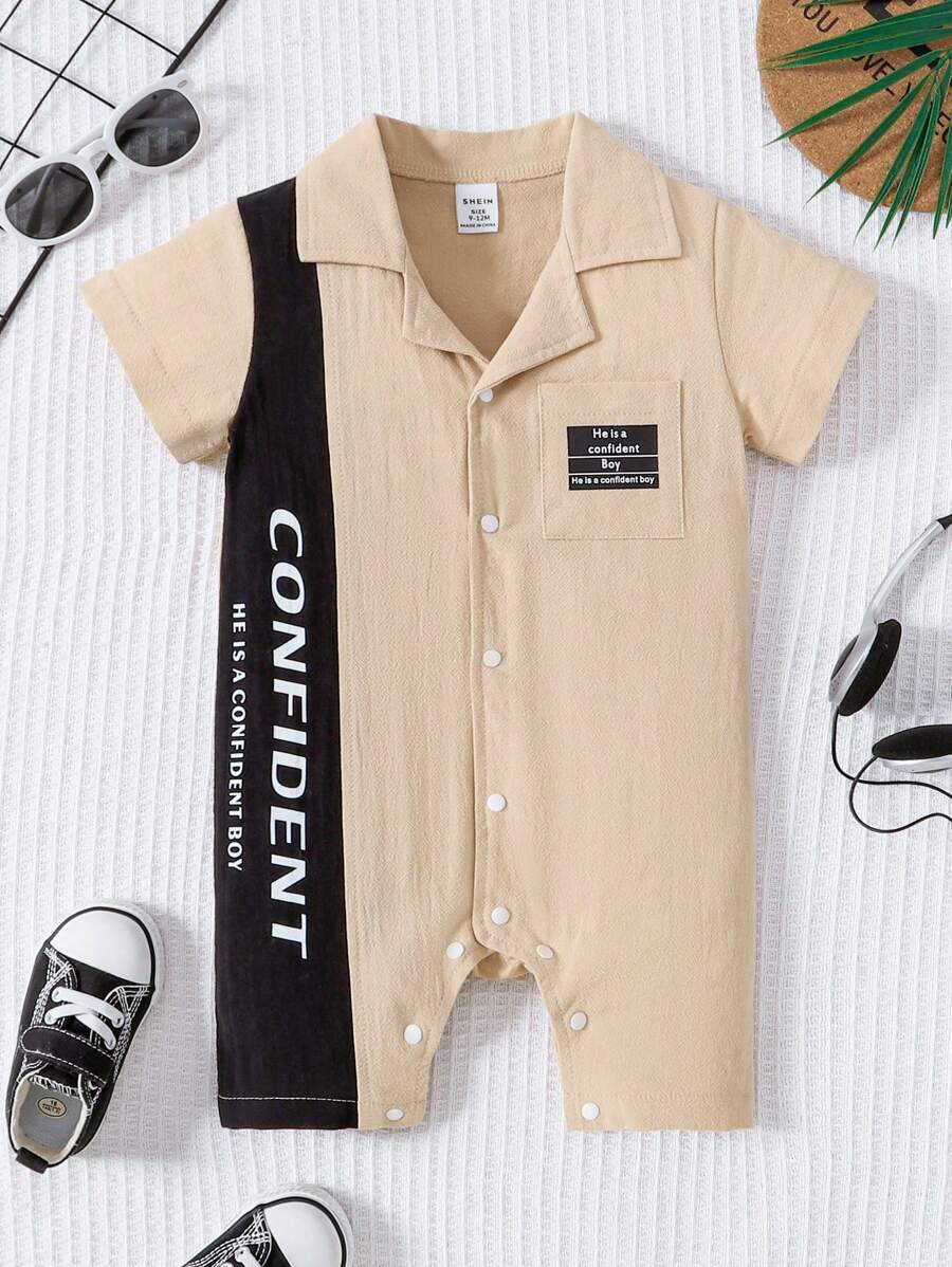 Bộ áo liền quần in chữ khối màu thông thường dành cho bé trai, mùa hè - Màu be - Xem 1