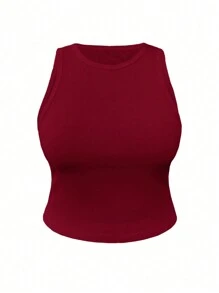 INAWLY Plus Size Women's Solid Color Simple Sleeveless Tank Top For Daily Wear - Burgundy - View 3
