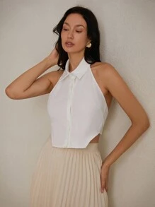 SHEIN Privé Women's Summer Sexy Solid Color Halter Neck Backless Top - White - View 3