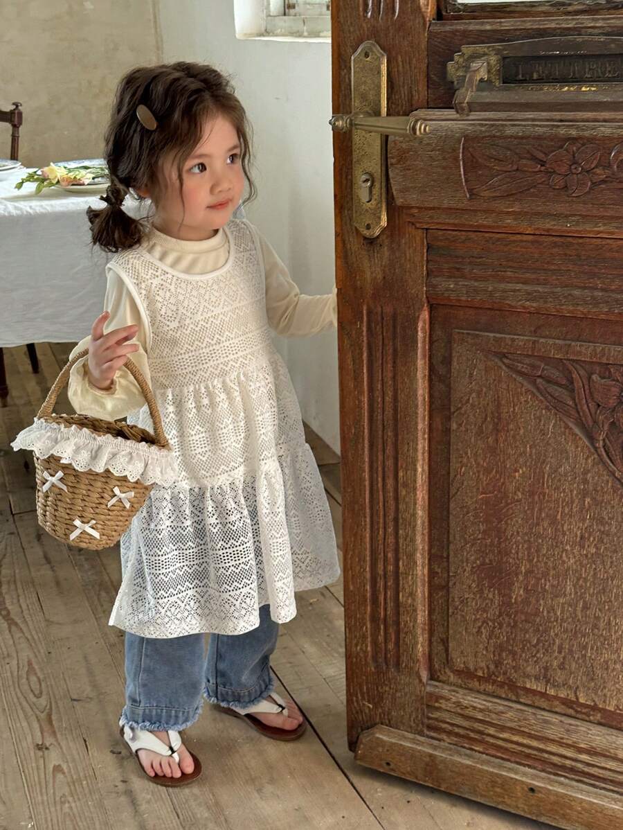 SHEIN Baby Girls' Knitted Tank Dress, Spring/Summer Korean Style Spaghetti Strap Dress, Suitable For Layering With Jeans - White - View 1