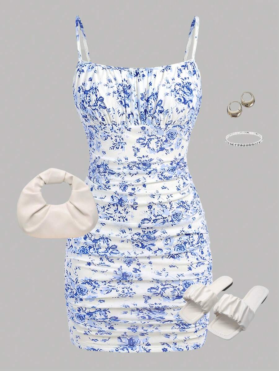 SHEIN Teen Girls Blue & White Flower Printed DoubleLayered Mesh Knit