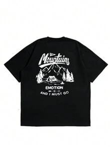 男士夏季标语与山峰印花圆领短袖休闲T恤