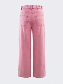 TEEN GIRL Y2K STREET Pink Heart Patch Detail Elastic Waist Straight Jeans - Hot Pink - View 2