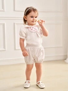 SHEIN Sommerliches Set für Baby Mädchen mit süßem Blumen besticktem Puffärmel Top und kleinen Blümchen bedruckten Shorts - Weiss - Übersicht 6