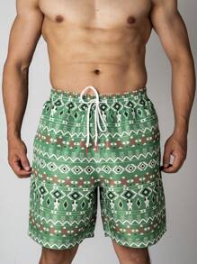 Surfspeed Men's Geometric Printed Drawstring Waist Loose Fit Beach Shorts For Vacation - Green - View 4
