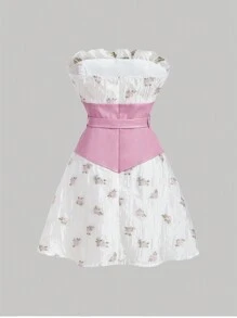 SHEIN MOD Thắt lưng chắp vá Jacquard trắng & Cutout có thắt lưng có thể điều chỉnh và áo ngực hình vỏ sò Top Váy chữ A ngắn - Nhiều màu - Xem 2