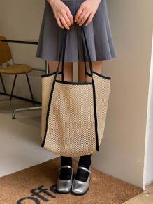 DAZY Large Capacity Women's Fashionable Woven Tote Bag - Beige - View 2