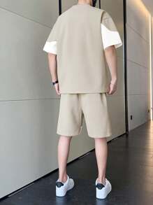 男士夏季字母印花圆领短袖休闲 T 恤和抽绳腰短裤套装，舒适服装 - 卡其色 - 查看 2