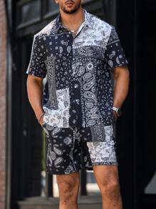 Manfinity LEGND Men's Single-Breasted Printed Short Sleeve Shirt And Shorts Set