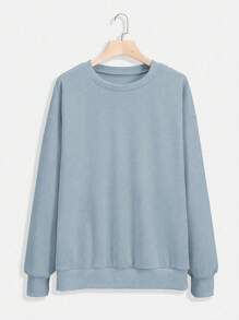 INAWLY Plus Size Women's Solid Color Round Neck Drop Shoulder Long Sleeve Sweatshirt Pullover Fall - Dusty Blue - View 6