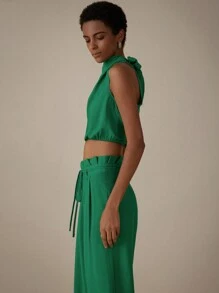 SHEIN Privé Clean-Colored Fashionable Sleeveless High Collar Top With Waist Belt And Wide Leg Pants Set, Mature Style - Dark Green - View 6