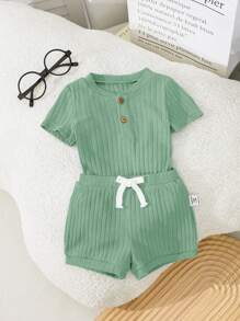 SHEIN Neugeborenen Baby Jungen/Mädchen weicher & bequemer Kurzarm-Romper mit elastischen Shorts Set