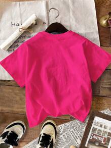 SHEIN Leap Crew ModeFlare 女童休闲可爱卡通猫咪爱心印花短袖T恤，夏季 - 玫紅色 - 查看 2