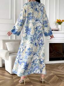 Al Najma Damen elegantes Kleid mit langem Glockenärmel und Blumenmuster, Frühling/Sommer, Kaftan