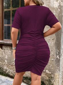 Celure Plus Size Women's Solid Color Simple Daily Short Sleeve Dress - Violet Purple - View 2