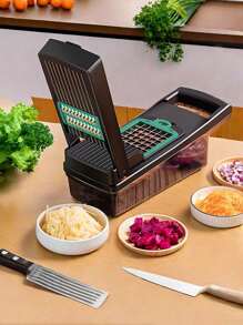 1 Set Of 16-Piece Kitchen Vegetable Cutter Slicer, Black, Individually Packaged, Size: 31 * 12.5 * 13, Suitable For Kitchen Fruit And Vegetable Slicing, Dicing, Shredding And Dicing. Press Type. No Need For Power To Manually Press, Fruit Salad Ingredients. Material. 16-Piece Set. With Egg White Filter, Kitchen Good Helper To Cut Vegetables Quickly. Mother's Day Gifts, Kitchen Tools. Vegetable Masher. Slicer. With Drain Basket. Vegetable Storage Box,Vegetable Fruit Tools,Kitchen Items,Cutter,Food,Salad,Decor,Storage,Party,Birthday. - Black - View 2