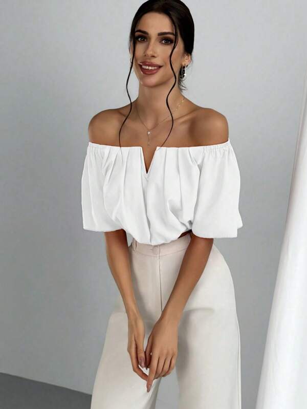 Firerie Plus Size Elegant Short Sleeve Elastic Top With Off-Shoulder, Ruffle Details And V-Neckline, Perfect For Spring/Summer Outings, Tea Parties, Holidays Or Vacations