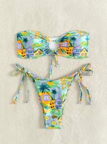 Women's Summer Beach Palm Tree Printed Front Knot Bandeau Bikini Set - Multicolor - View 4